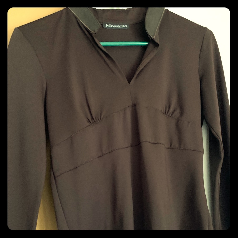 Blouse with leather trim collar